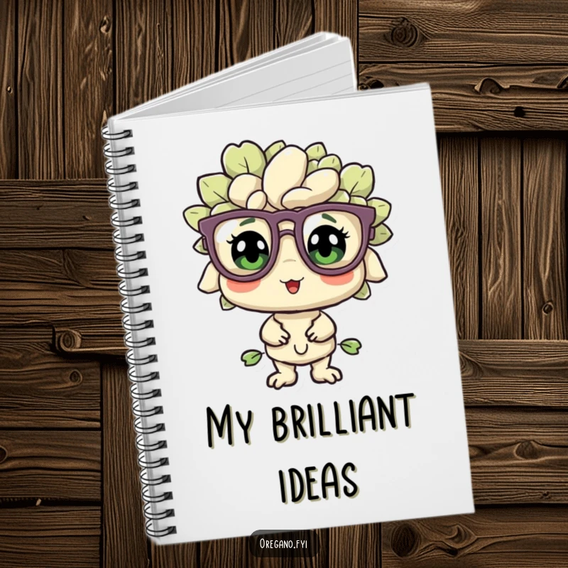 Funny oregano sprig with oversized glasses on a notebook, looking bewildered but pleased, perfect for notes and creative writing.