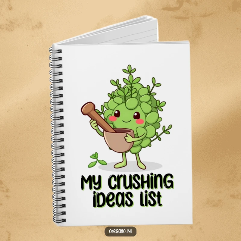 Funny notebook cover: An oregano leaf character holds a miniature mortar and pestle, ready to grind herbs, encouraging culinary inspiration.