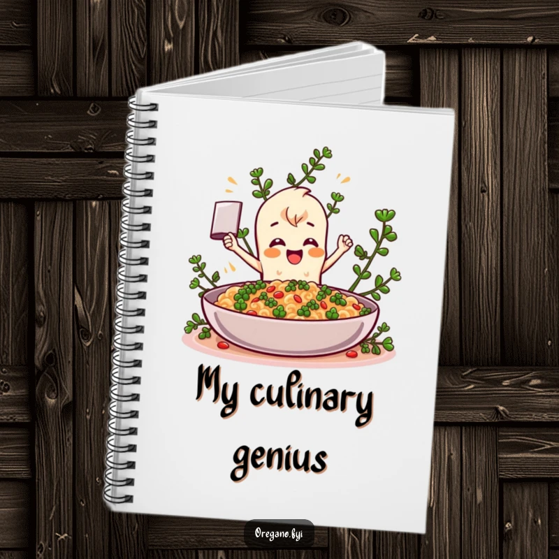 Funny Oregano notebook, a happy herb character enthusiastically seasoning a dish, ideal for jotting down recipes or daily thoughts. A humorous stationery gift.