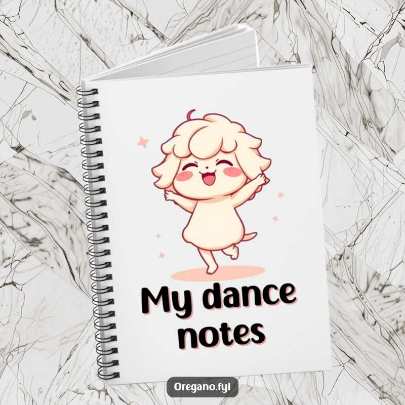 Funny notebook cover with a Kawaii oregano character in a funny, delicate dance pose, perfect for journaling.