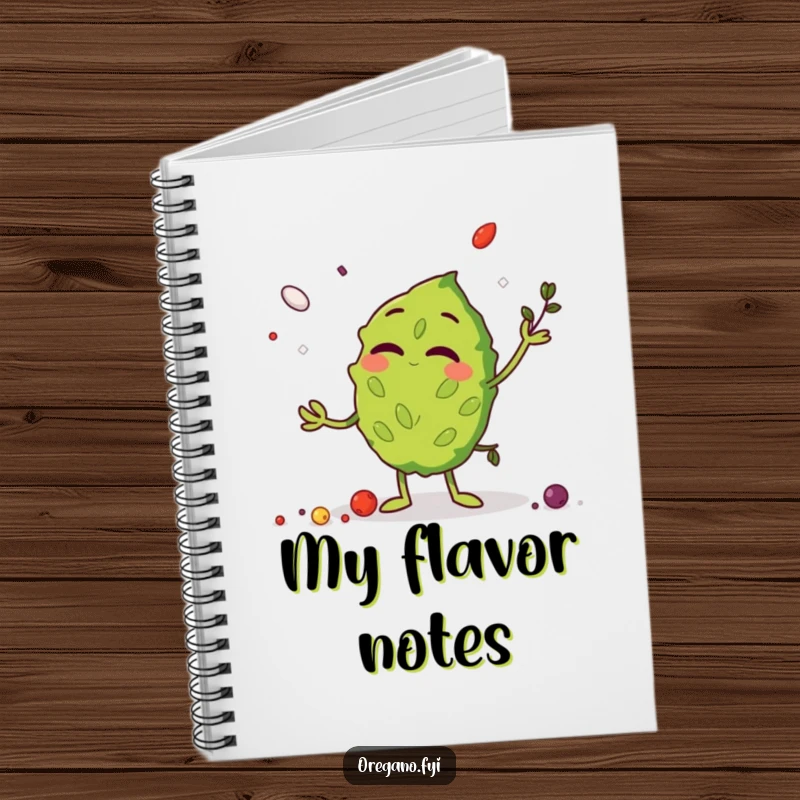 Funny Notebook with a giggling oregano leaf character juggling spices, perfect for jotting down culinary ideas and jokes.