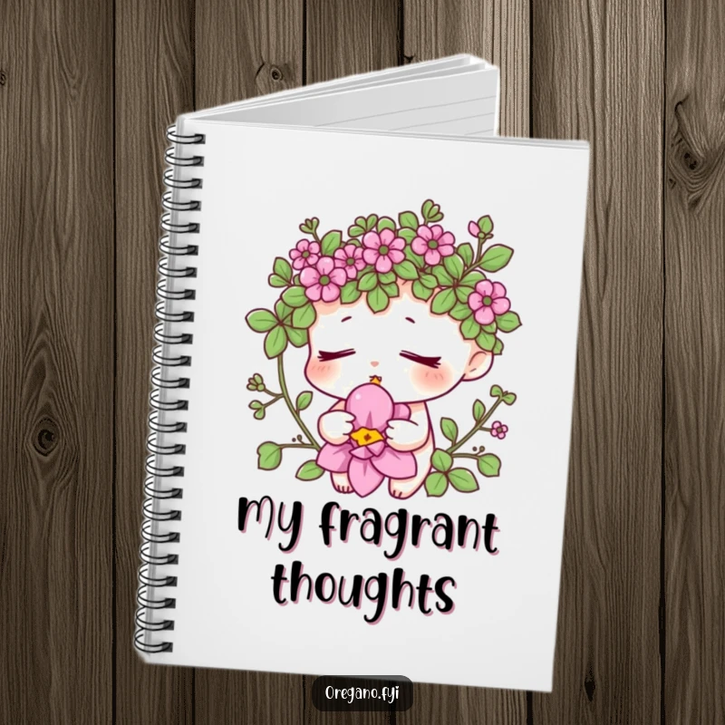 Funny oregano zen notebook showing a peaceful herb character smelling a flower, great for journaling or notes. Relaxing and humorous organizer.