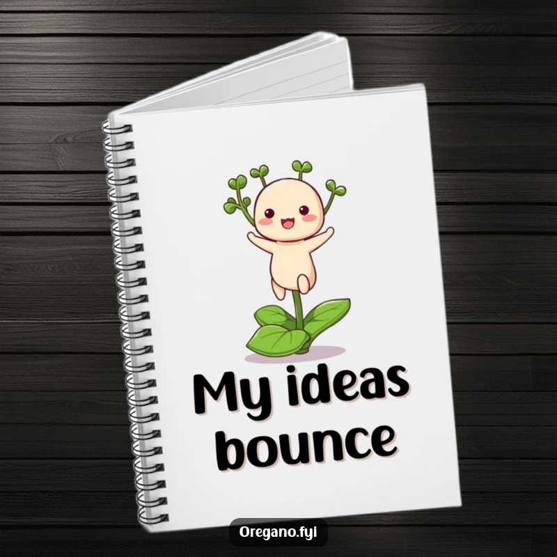 Funny notebook cover featuring a cute kawaii oregano herb hopping energetically on one leaf, perfect for capturing ideas.