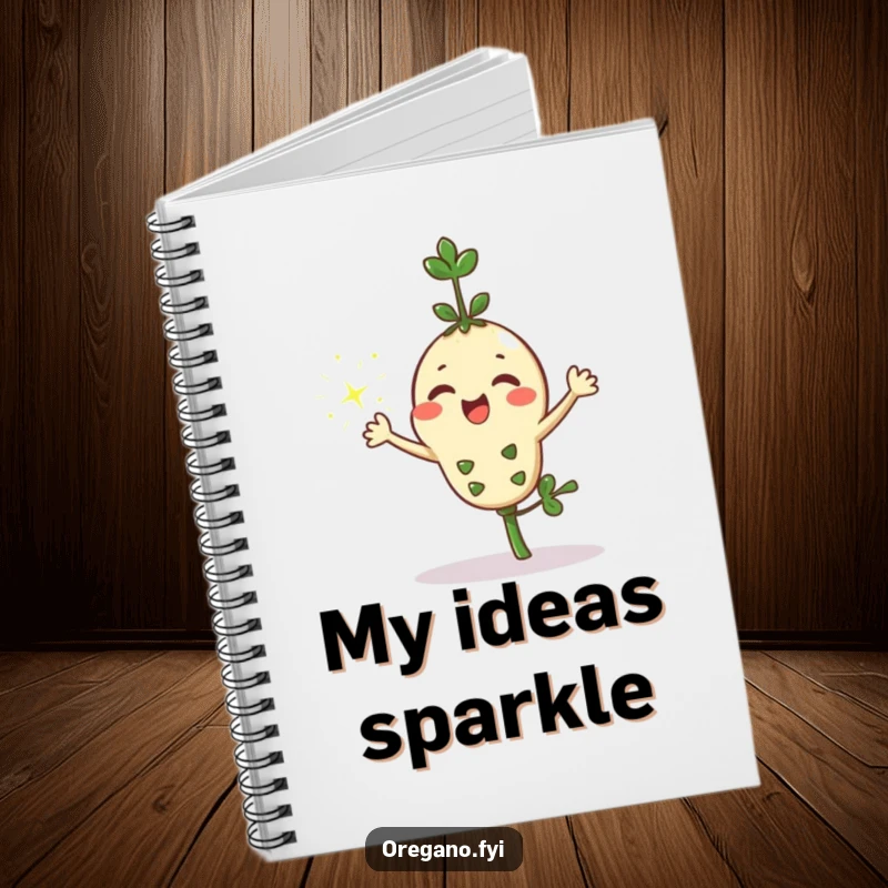 Funny kawaii oregano sprig character sprinkling shiny sparkles from its leaves on a notebook cover, encouraging creative writing.