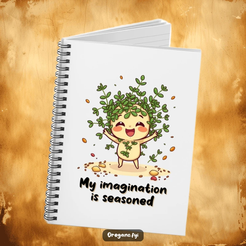 Funny Oregano Notebook: A scattering kawaii oregano sprig with imaginary spices, inspiring funny notes and culinary creativity.