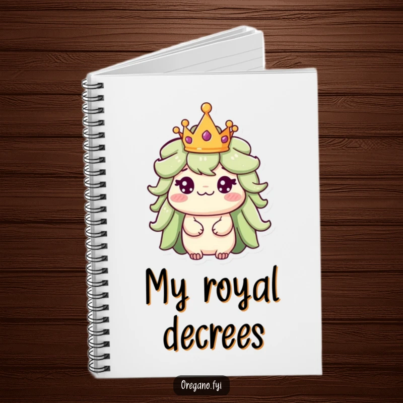 Funny notebook cover with a regal oregano character wearing a tiny crown, exuding humorous authority and nobility.