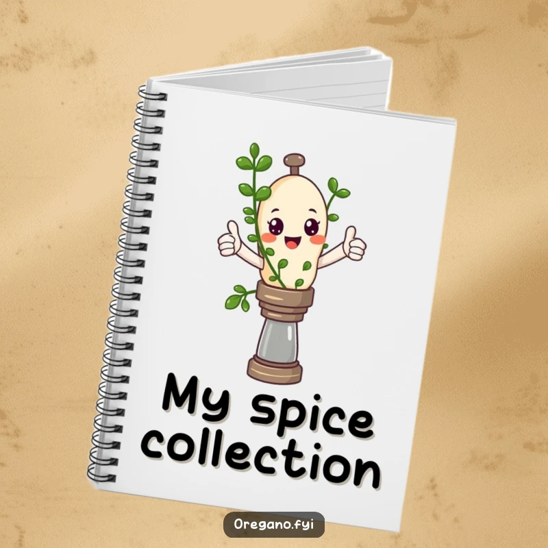 Funny Kawaii oregano sprig character giving a thumbs up while balancing on a pepper mill, a charming and humorous notebook.