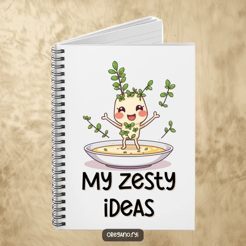 Funny notebook with a cheerful oregano sprig character with tiny legs joyfully sprinkling itself onto a dish, perfect for recipes and notes.