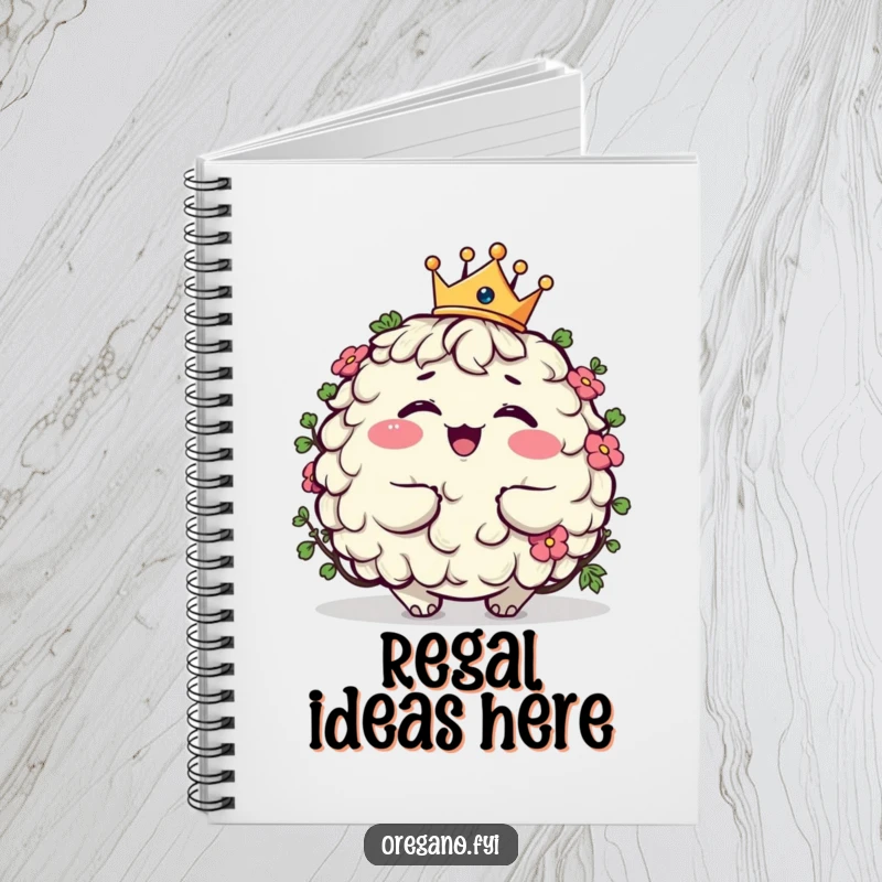 Funny plump oregano character notebook giggling while wearing a tiny crown, ideal for notes and sketches, a humorous item for creatives.