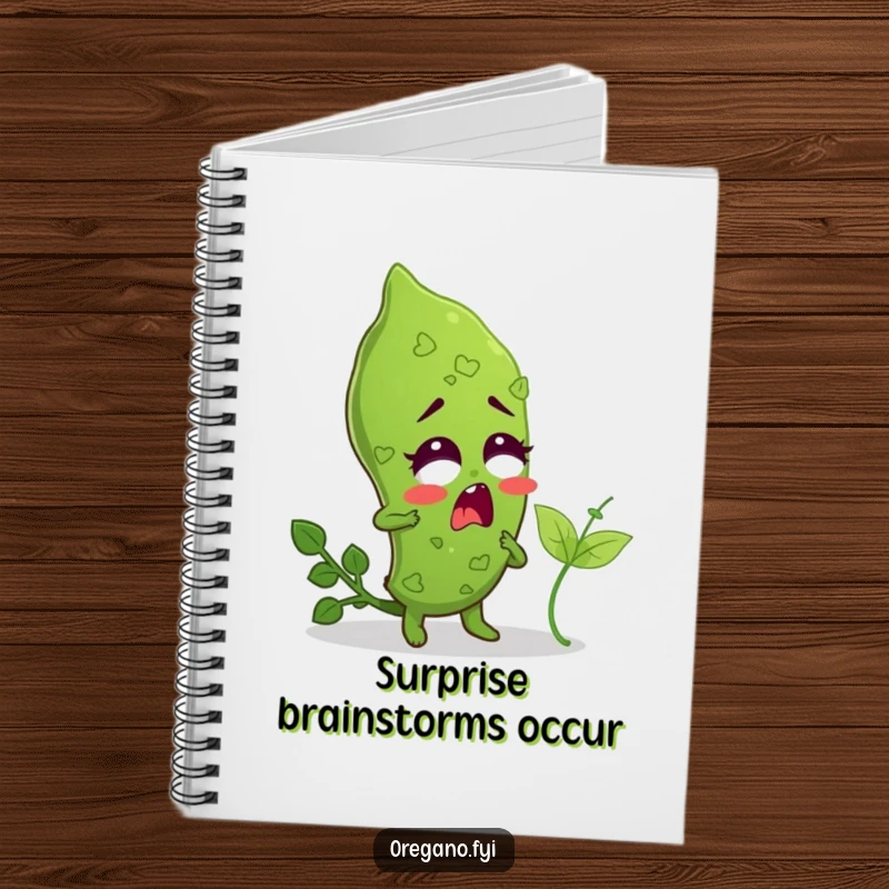 Funny notebook with a surprised oregano leaf character being tickled by a tiny basil leaf, for fun notes.