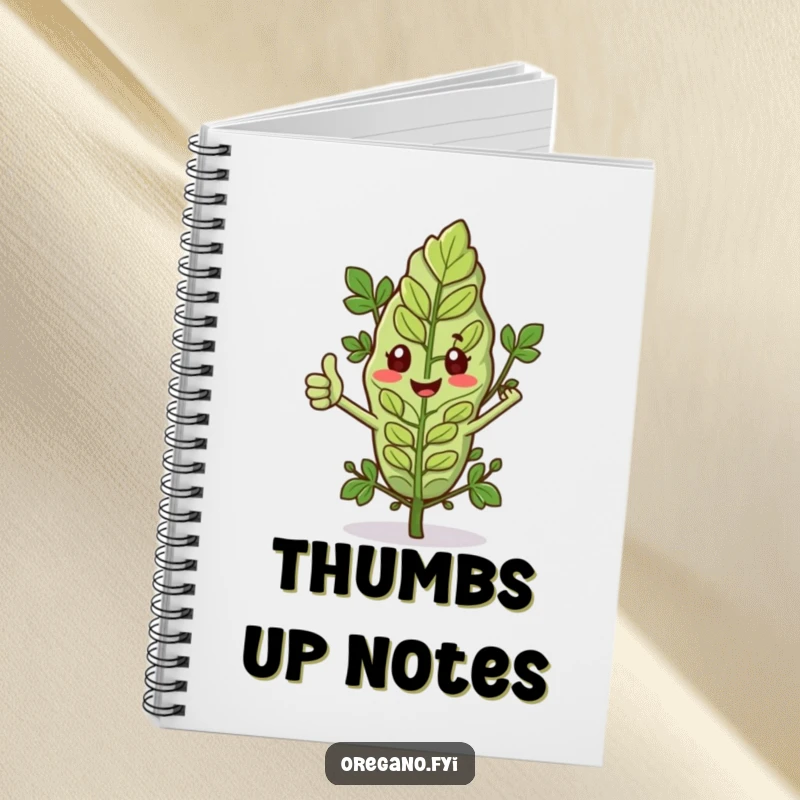 Funny notebook cover featuring an oregano leaf with tiny arms giving a thumbs up, perfect for notes and approved ideas.