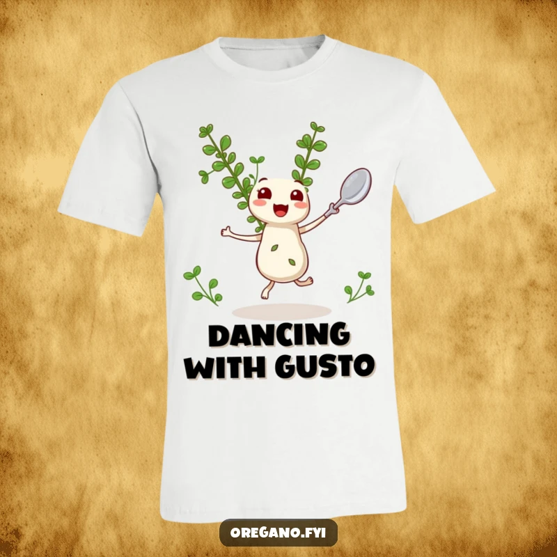 Funny Oregano T-Shirt: A kawaii oregano sprig joyfully dances, holding a miniature spoon, a whimsical culinary statement.
