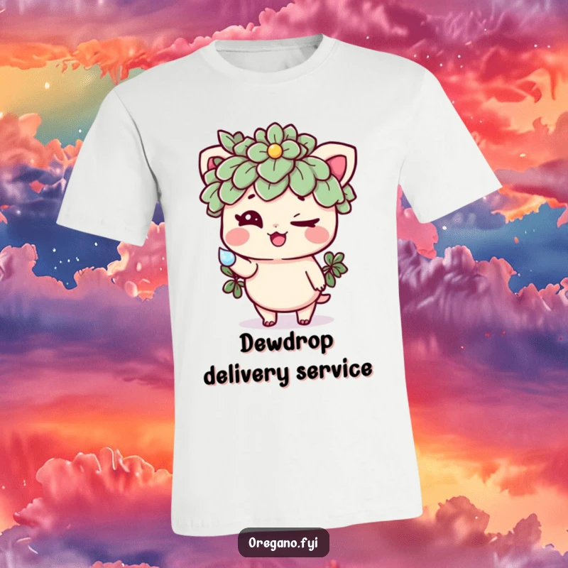 Funny t-shirt showcasing a mischievous oregano character winking while presenting a sparkling dewdrop, a cute and humorous herb design.