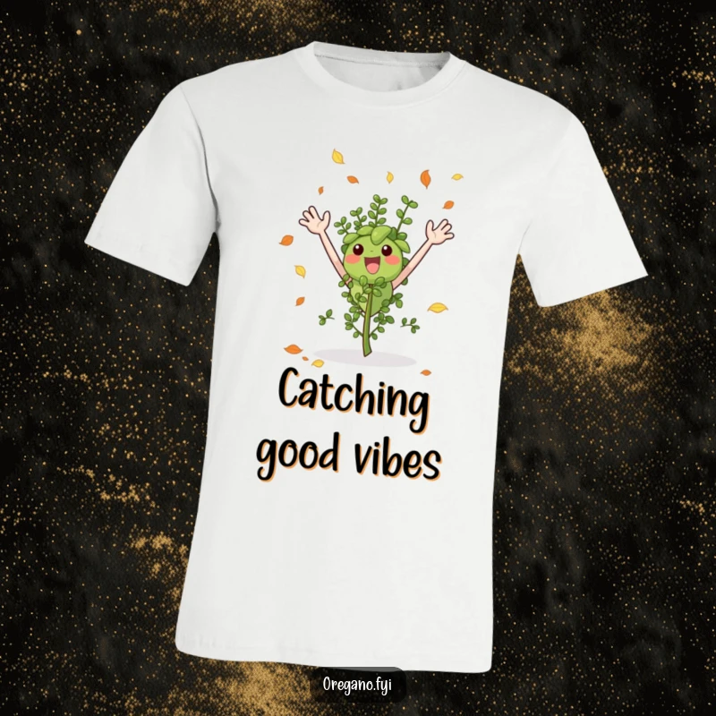 Funny t-shirt of an excited oregano sprig, arms outstretched, gleefully catching colorful falling autumn leaves.