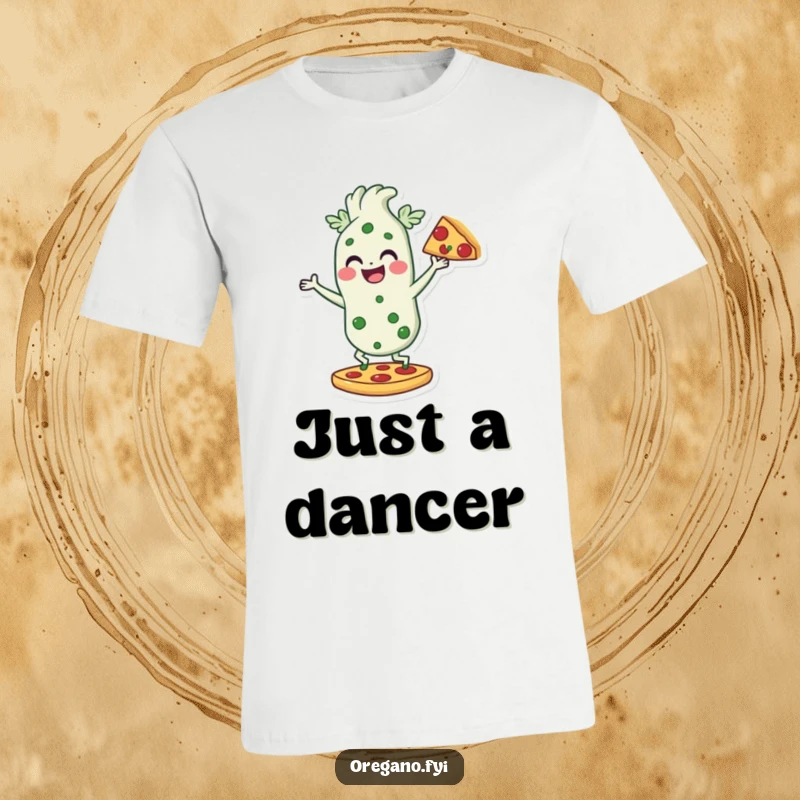 Funny t-shirt with an oregano character smiling and dancing on a pizza slice, depicting pure pizza-loving fun and energy.