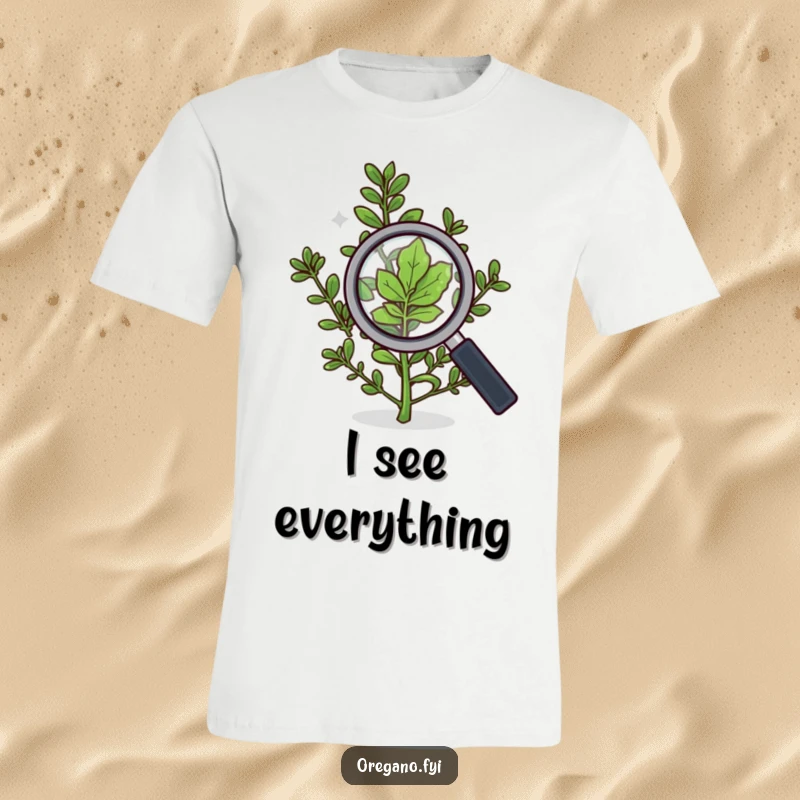 Funny t-shirt with an oregano sprig using a magnifying glass to closely examine a single leaf with focus.