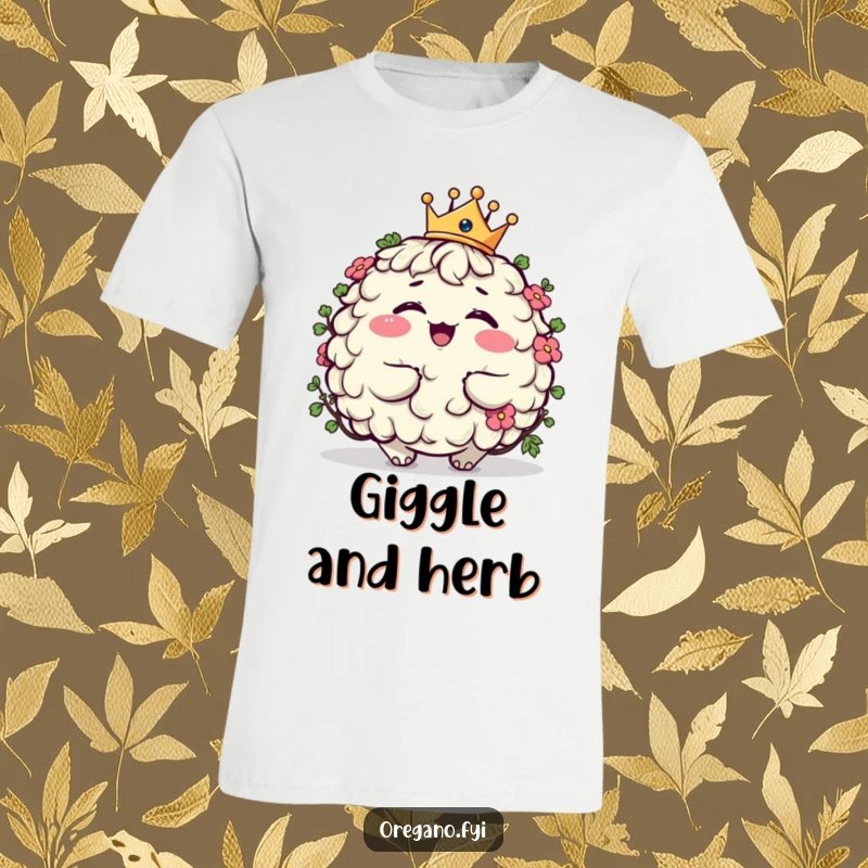 Funny plump oregano character t-shirt giggling while wearing a tiny crown, regal and humorous apparel for herb enthusiasts.