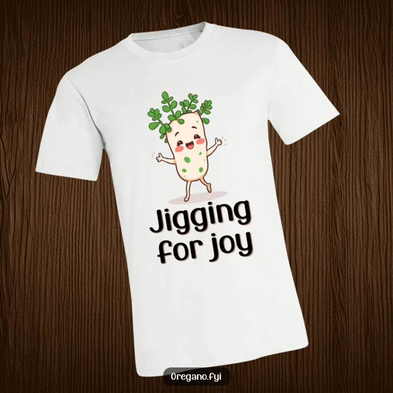 Funny Kawaii oregano sprig character doing a silly dance with its leaves, energetic and humorous t-shirt design, great for food lovers.