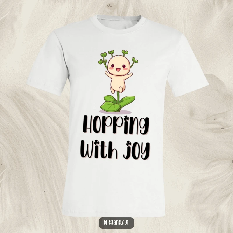 Funny T-shirt depicting a super cute, kawaii oregano character energetically hopping on one small leaf, full of vibrant joy.