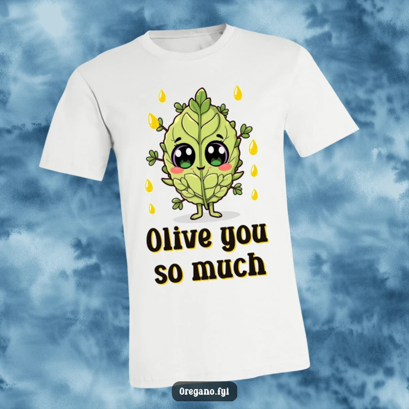 Funny t-shirt featuring an oregano leaf character with wide eyes, enjoying a shower of olive oil.