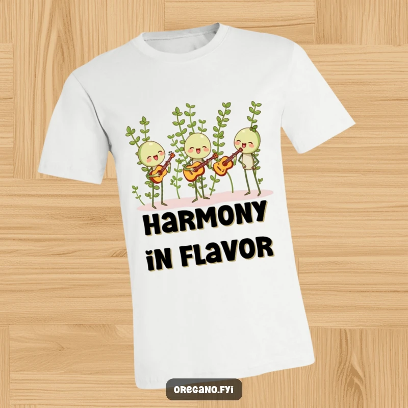 Funny t-shirt with oregano sprigs happily harmonizing with tiny leaf-shaped instruments, depicting a cheerful herb band and musical fun.