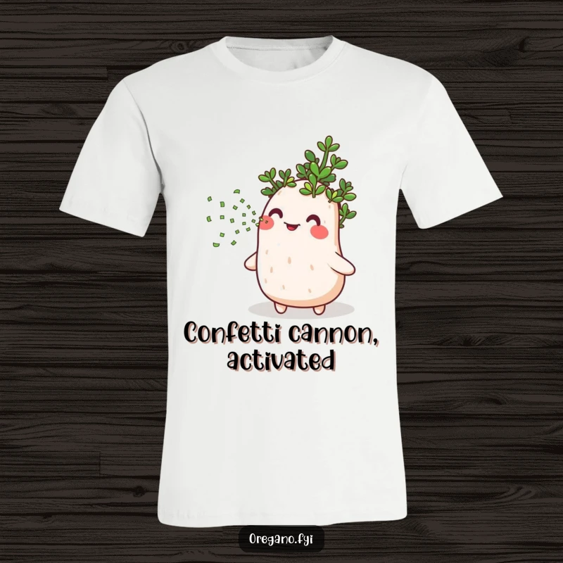 Funny T-shirt showcasing a smiling oregano enthusiastically blowing a stream of tiny green confetti, embodying pure joy and festivity.