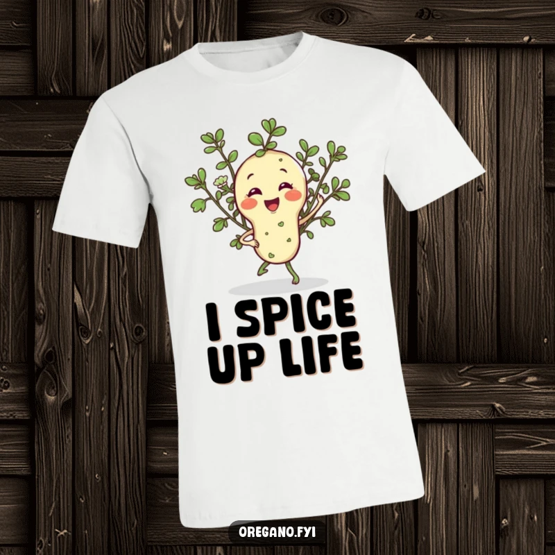 Funny t-shirt featuring a smiling oregano sprig character doing a lively jig, perfect for food lovers who appreciate a bit of herbal fun.