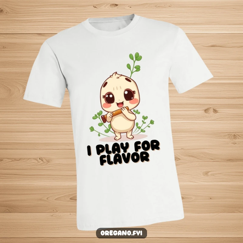 Funny oregano sprig t-shirt, playing a tiny panpipe with wide, excited eyes, radiating musical happiness.