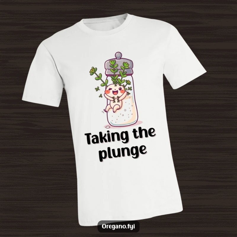 Funny happy oregano sprig character sliding down a salt shaker on a t-shirt, depicting exhilarating joy and movement.