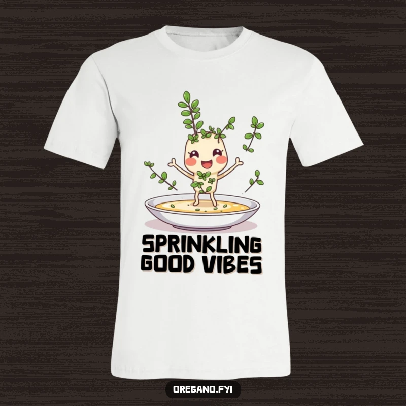 Funny t-shirt with a cheerful oregano sprig character with tiny legs joyfully sprinkling itself onto a dish, celebrating culinary joy.