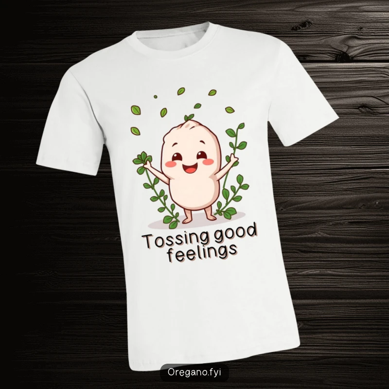 Funny oregano character smiling widely and tossing herb leaves, a humorous and happy t-shirt design.