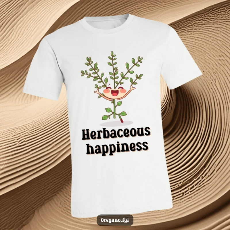 Funny t-shirt depicting a joyful oregano sprig doing a silly twirl, showcasing a happy and humorous herb design.