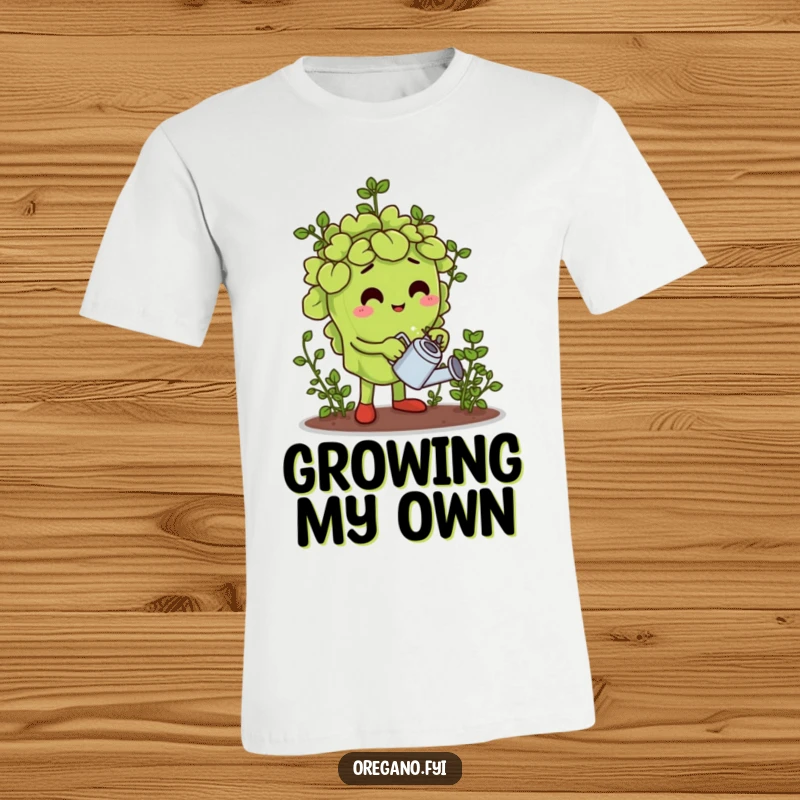 Funny t-shirt depicting a happy oregano leaf character tending to a miniature herb garden with a small watering can, a true botanist.