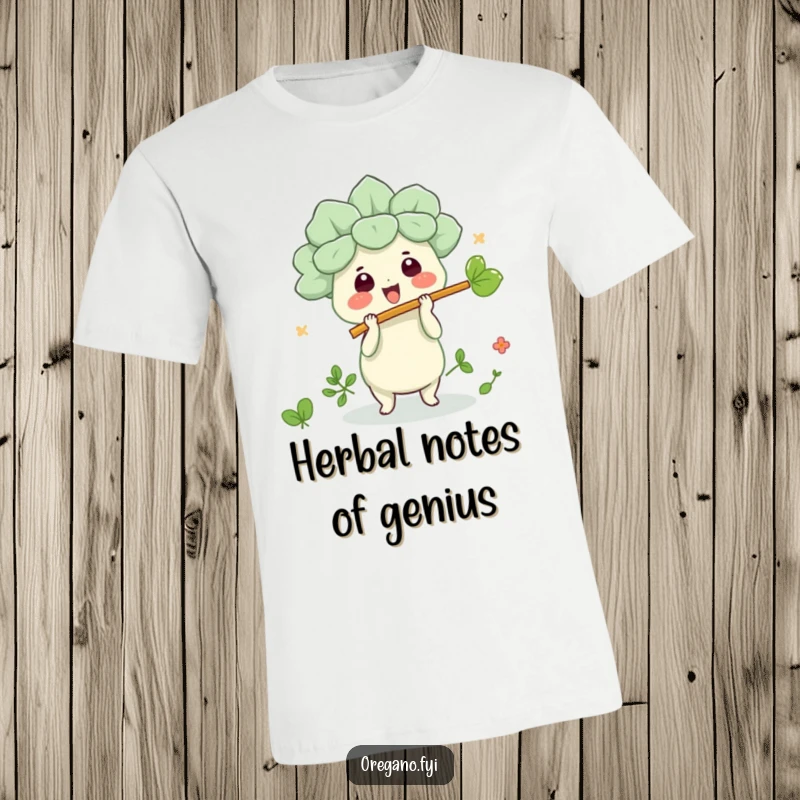 Funny kawaii oregano character joyfully playing a tiny leaf flute on a t-shirt, celebrating unique musical passion.
