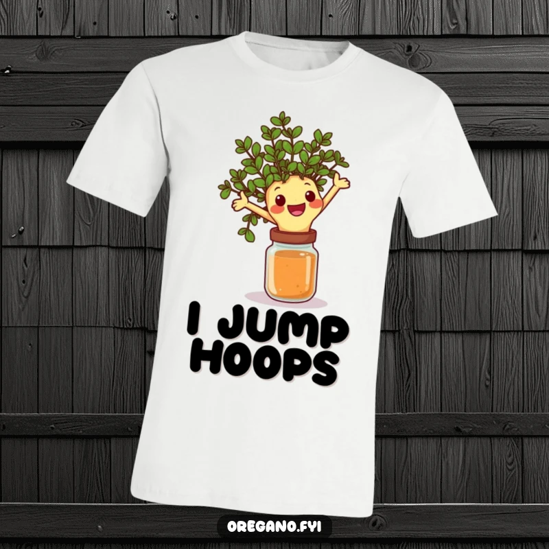 Funny t-shirt featuring a happy oregano sprig character joyfully leaping over a spice jar, perfect for food lovers with an energetic spirit.