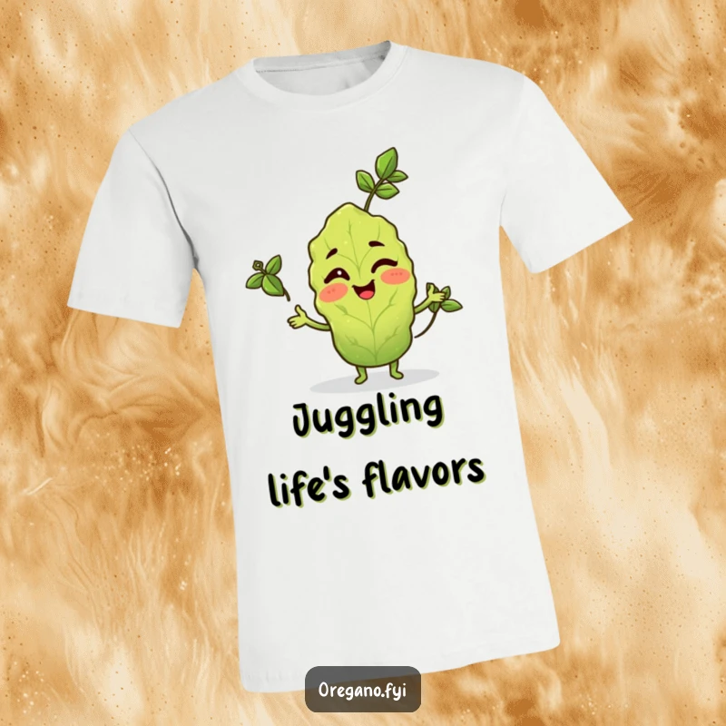Funny t-shirt with a winking oregano leaf character expertly juggling three tiny basil leaves.
