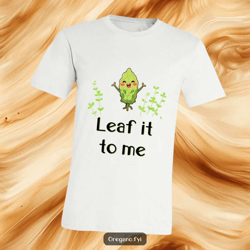 Funny kawaii oregano leaf t-shirt, joyfully dancing with tiny arms, vibrant and humorous apparel for herb lovers.