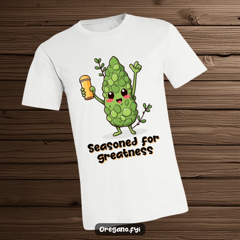 Funny t-shirt with a triumphant oregano leaf character raising a golden spice shaker, exuding culinary victory.