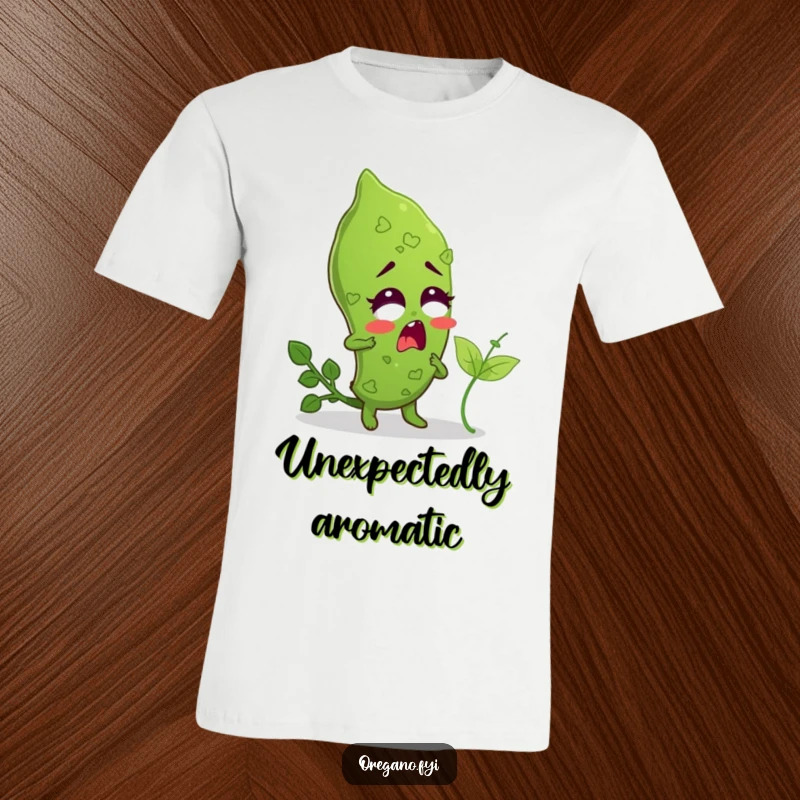 Funny t-shirt depicting an astonished oregano leaf character being playfully tickled by a tiny basil leaf.