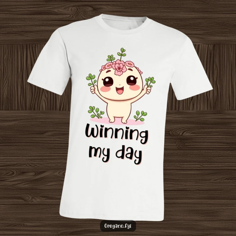 Funny kawaii oregano sprig character joyfully cheering with its small leaves raised high on a t-shirt, embodying excitement.