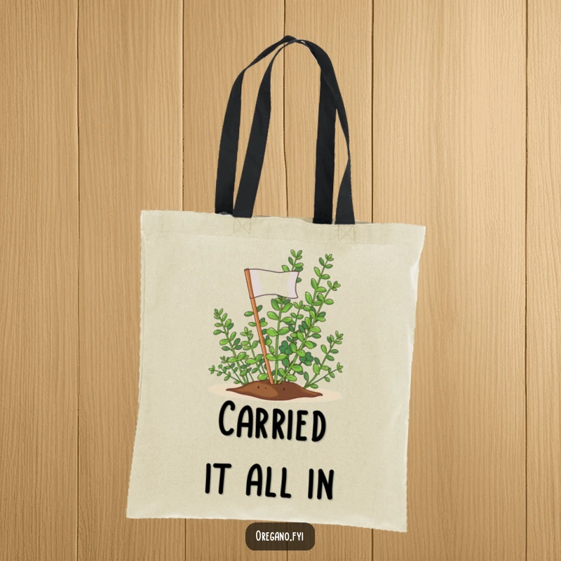 Funny Oregano Victory Flag Tote Bag: A proud oregano sprig planting a miniature flag, a symbol of successful endeavors.