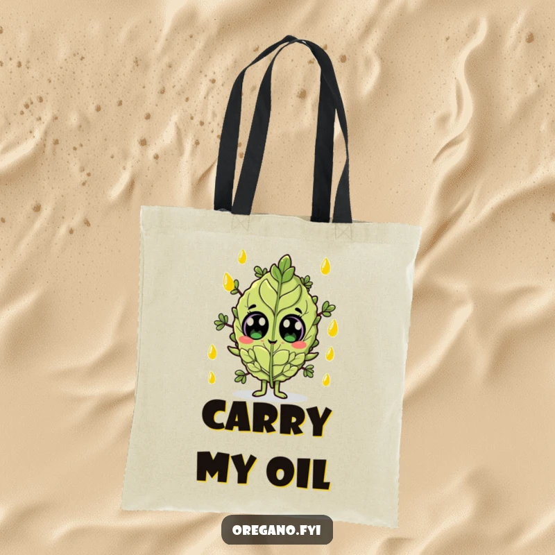Funny tote bag featuring an oregano leaf character with wide eyes, being showered by olive oil droplets.