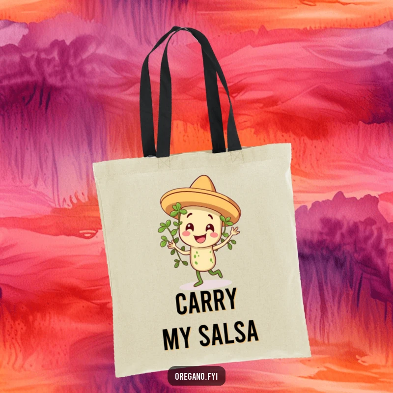 Funny tote bag with a smiling oregano sprig in a miniature sombrero, dancing energetically, perfect for market trips.