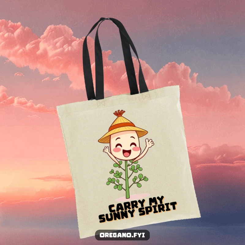 Funny oregano sprig character in a straw hat waves hello, ideal for carrying items with herbal cheer.