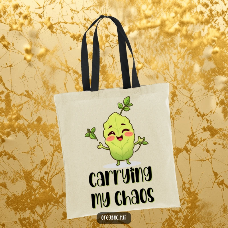 Funny tote bag with a winking oregano leaf character juggling three small basil leaves.