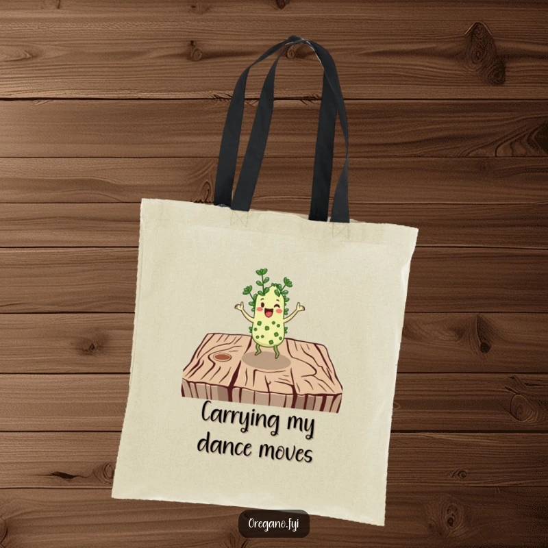 Funny tote bag: A cheerful oregano character performs a lively jig on a rustic wooden surface, full of fun.