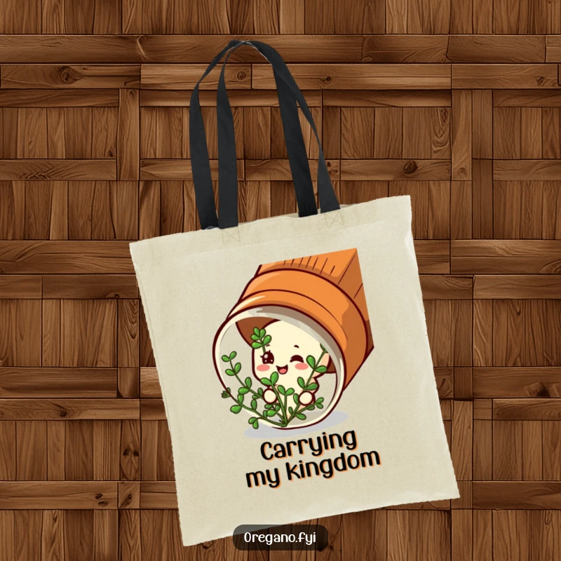 Funny tote bag: A satisfied oregano character peeks from a spice jar, looking happy and content.