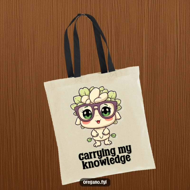Funny oregano sprig with oversized glasses on a tote bag, looking bewildered but pleased, ideal for carrying essentials with humor.