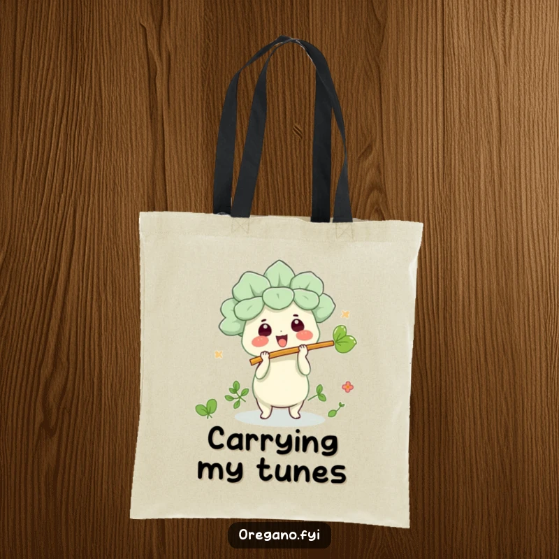 Funny kawaii oregano character animatedly playing a leaf flute on a tote bag, perfect for stylish, humorous shoppers.