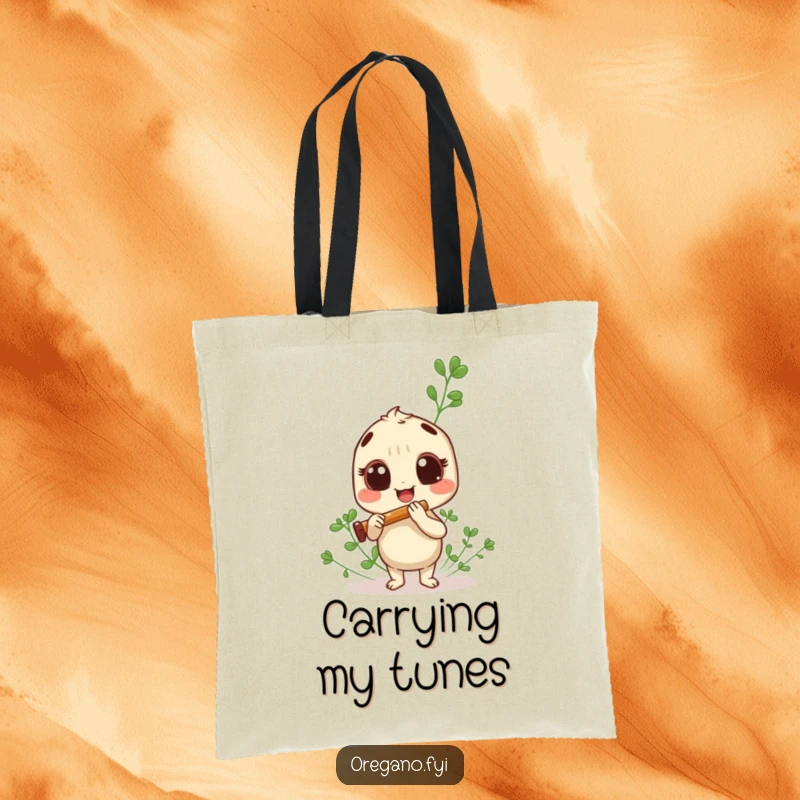 Funny oregano sprig tote bag, happily playing a tiny panpipe, carrying musical herb vibes.